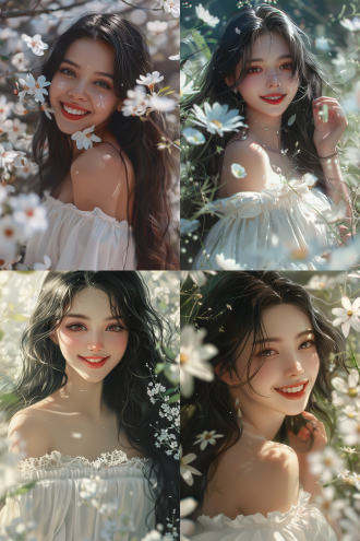 女孩微笑，黑色长发，白色花朵，白色露肩礼服，棕色眼睛，上半身，模糊背景，户外，红色嘴唇，对角线构图，高对比度，自然光，广角镜头，柔和色调，温暖氛围，快乐表情，真实感，细节清晰。