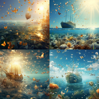 大场景远景视角，海面广阔，货物船航行，金色玻璃球体飞散，蝴蝶飞舞，自然光，柔和色调，梦幻氛围，轻盈，自由，广角镜头，远景，海面，金色，玻璃质感，蝴蝶，自然光，柔和，梦幻，轻盈，自由。
