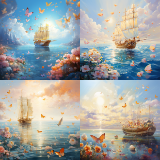大场景远景视角，超广角，海面广阔，货物船航行，金色玻璃球体飞散，蝴蝶飞舞，底部繁花，自然光，柔和色调，梦幻氛围，轻盈，自由。