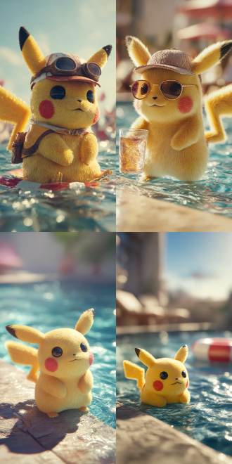 pikachu，pokémon，3d，unreal engine，cinematic，yusuke murata，summer swimming pool，8k，high detail，hyper quality