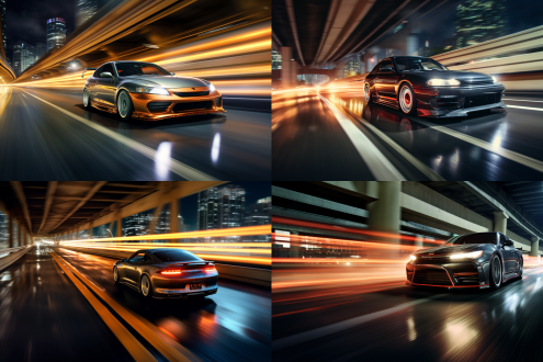 2035年ae86漂移车，迈阿密高速公路天桥，动态模糊，超现实主义，照片写实主义，电影灯光，电影构图，高速摄影，自然光，广角镜头，夜景，冷暖色调对比，紧张刺激。