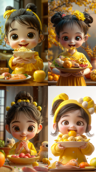 中国女生正在吃饭，手里拿着美食，桌子，苹果，橘子，鸡肉，鱼肉，蔬菜，3d卡通风格，半身形象，面带微笑，餐厅背景，色彩明亮，细节丰富，自然光，广角镜头，动态捕捉，温馨，和谐。