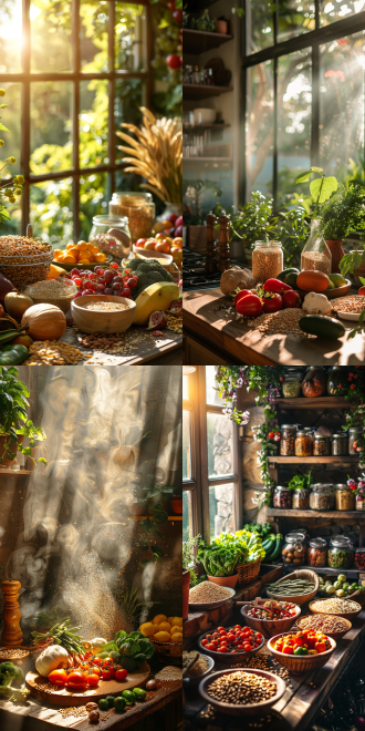 五谷杂粮蔬菜水果摆满桌，自然光室内，暖色调，窗外柔和光线，温馨氛围，广角镜头，侧光，静物摄影，健康养生，色彩丰富，宁静舒适。