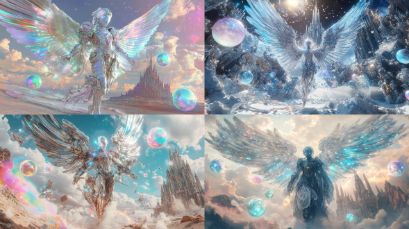 zghlblue风格，低饱和度，浅灰色带蓝色，珠光光泽，cxlukka，一个超现实主义拼贴画，一个发光的银色天使形象，有着复杂华丽的翅膀，周围是发光的，彩虹色的漂浮球体和天体细节，背景是一个梦幻的，柔和色调的幻想沙漠景观，远处有一个雄伟的，哥特式风格的宫殿，以充满活力的，风格化的80年代动漫风格呈现，并置着坚硬的，霓虹闪烁的口音和柔和的，空灵的灯光，唤起了一种2000年梦想的核心氛围