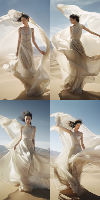 沙漠中的中国古装少女，面纱轻舞，丝绸衣裳随风飘扬，眼神忧郁，背景是广阔的沙漠和远处的山脉，构图中央突出人物，风格古典优雅。广角镜头，自然光，柔和色调，中国元素，忧郁表情，丝绸质感，沙漠景观。