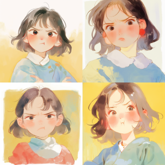 不开心的少女，嘴巴微微嘟，生气表情，中心构图，插画风格，漫画风格，柔和光线，暖色调，细节丰富，表情生动。 明亮的