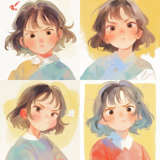 不开心的少女，嘴巴微微嘟，生气表情，中心构图，插画风格，漫画风格，柔和光线，暖色调，细节丰富，表情生动。 明亮的