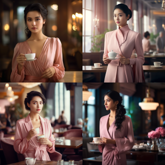 酒店自助餐厅，优雅的精英女性衣着端庄，手持咖啡正视前方，微微侧脸，粉色衣服，中式脸，黑发，清透肌肤，暖光色调，中长焦镜头柔和光，平静精致，4k。vogue时尚暖光