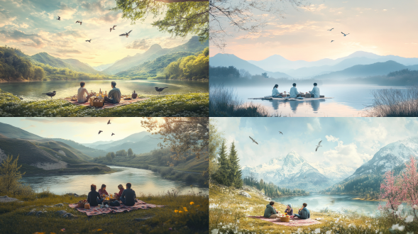 山河野餐，远景构图，柔和自然，春季，河流蜿蜒，山峦起伏，天空飞鸟，三人野餐，真实风景，广角镜头，自然光，柔和色调，宁静，和谐。