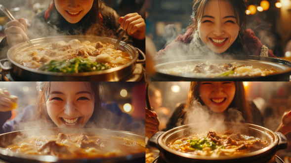 亚洲消费者涮羊肉吃火锅，特写脸部表情幸福，室内，暖光，中焦镜头，色彩鲜艳，食物热气腾腾，满足。