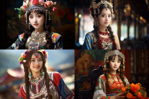 民族服装，中国现代东方美女，中景，全身，半身照，柔和光线，自然姿态，鲜艳色彩，青春少女，愉悦情感，多民族特色，广角镜头，自然环境，高饱和度，正面光，微笑，传统与现代结合，细腻肌肤，优雅动作。