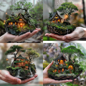 精灵之家，手持微型房子，盆景树屋，高细节照片，缺乏立体感，3d渲染，拍卖目录照片，夜灯，廉价设计，中国风绘画，替代现实陶瓷时代，对称构图，柔和光线，广角镜头，低对比度，静态，神秘，蓝色调，梦幻。