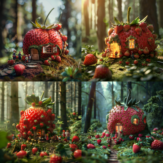 微距创意摄影，森林里，草莓建造的巨大草莓房子，草莓表面，小人，创意，写实人物，移轴，绝佳光线，风景，体积感，笔刷渲染，3d，超细节8k，对角线构图，暖色调，广角镜头，侧光，快速快门，手法夸张