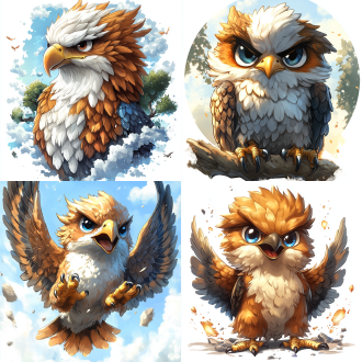 可爱的鹰，懵懂表情，敦煌色彩，插画风格，平面设计，宫崎骏风格，柔和光线，蓝天背景，细节丰富，色彩鲜艳，童真，希望。吉卜力，荒野，黄金比例构图，光粒子，标志设计，中国凤凰，梦幻氛围，希望情感，童真主题。 二维插图 荒野 启示录荒野 中国凤凰 黄金比例构图 标志