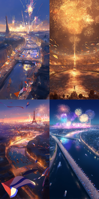 塞纳河上的奥运开幕式，河岸两侧人群密集，烟花绚烂，国旗飘扬，运动员入场，宏伟壮观，夜景，长焦镜头，低角度，逆光，慢快门，动感，庆祝，激情。