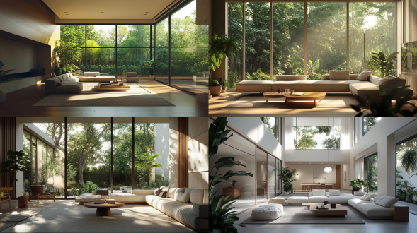 现代客厅，简约家具，大面积落地窗，自然光，室内绿植，开放式布局，中性色调，高清细节，舒适氛围。禅意风格，对角线构图，自然光照明，广角镜头，高分辨率，室内外融合，平静情绪。