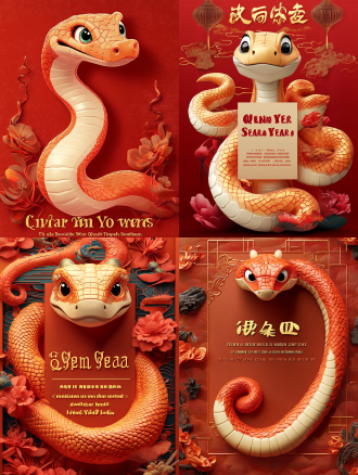 蛇年庆贺的海报，要有个q版3d卡通风格的蛇吉祥物，中间留个空白区域给我写文案；