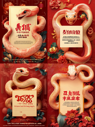 蛇年庆贺的海报，要有个q版3d卡通风格的蛇吉祥物，中间留个空白区域给我写文案；