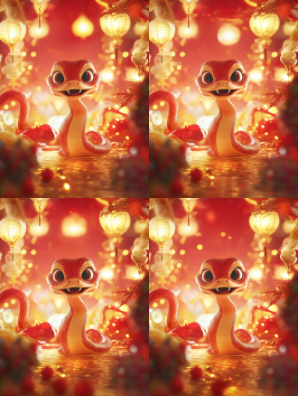 蛇年庆贺海报，3d cg卡通蛇吉祥物居画面中心，四周环绕喜庆元素，留出空白写文案，暖光，鲜艳色彩，欢快氛围。