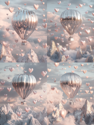 a futuristic silver metal hot air balloon with reflective chrome surfaces floats centrally in a soft gray sky, surrounded by pastel pink metallic hearts that cast delicate shadows, above sleek silver mountain peaks with polished edges. the scene is rendered in cinema4d with hyper-detailed octane rendering, featuring a striking silver and blush pink color scheme. subtle volumetric lighting creates ethereal god rays through misty clouds, while geometric heart particles glow with ambient occlusion. the composition balances cold metallic textures with warm romantic accents, achieving cinematic 3d realism through precise specular highlights on chrome surfaces and soft gradient transitions in the cloudy backdrop.