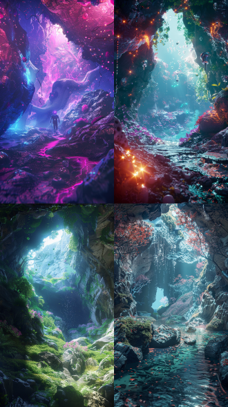 溶洞探险，动漫绘画风，c4d，进深广角视图，8k，人群探索，动态姿势，暗光环境，彩色灯光，岩石纹理，水滴效果，紧张兴奋，神秘感。 新艺术风格 大草原 奇幻森林 微距 润二 中式宣传画