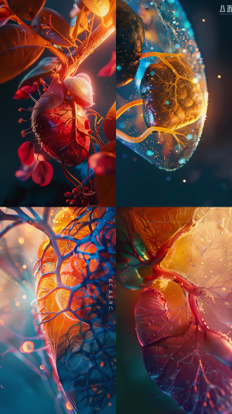 肝器官细节，人体与器官结合，梦幻场景，柔和光线，微距镜头，色彩渐变，神秘感，生命力，抽象艺术，超现实，融合，细节丰富，对角线布局，暖色调，侧光，慢快门，梦幻，神秘。