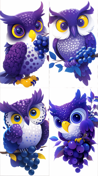 卡通猫头鹰抓树枝蓝莓，扁平化设计，矢量风格，纯白背景，简洁线条，明亮色彩，轻松表情，垂直构图，无阴影，无纹理，平面视角，温馨氛围。 印刷风格 卡通 标志