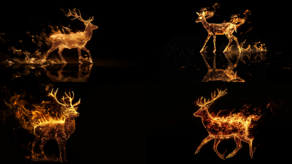 鹿形态的火焰，纯黑背景 全身