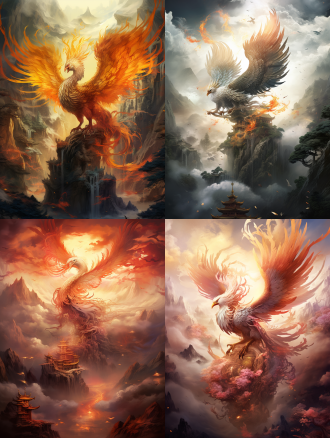 凤凰主体，山海经风格，神秘氛围，云雾缭绕，山峦起伏，凤凰羽毛绚丽，眼神威严，古典神话，超现实，长焦镜头，柔和光线，动态模糊，神话元素，庄严与神秘，国潮插画，超级画质，32k。