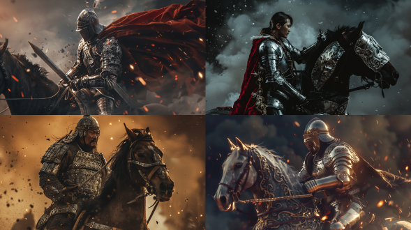 亚洲人骑士，中世纪风格，铠甲闪亮，马匹雄壮，战场背景，广角镜头，侧光照射，动态姿态，金属质感，深色调，英勇无畏。