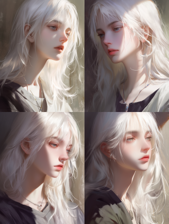 a portrait of a beautiful 18-year-old youth，he is a boy,he has long white hair and pale skin, and a slender figure,bright warm sun, loose clothes，face close-up, close-up shot，straight bangs, loose hair，simple necklace，detailed characterization, highest resolution, highest picture quality
