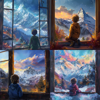 少年透过窗户看雪山 细节的天空 色彩斑斓的 风景 山上