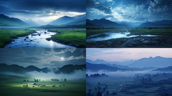 夏日清凉，新疆美景，夜色迷人，雨后，远处淡淡的雾，远景，柔和光线，真实风景，唯美意境，高清画质