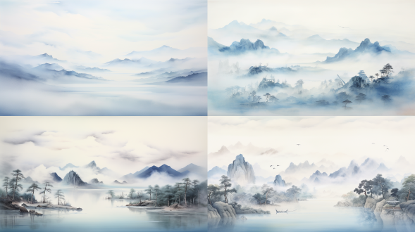 水墨画，夏日清凉，清泉，雨后，黄昏，远处淡淡的雾，远景，柔和光线，唯美意境，高清画质