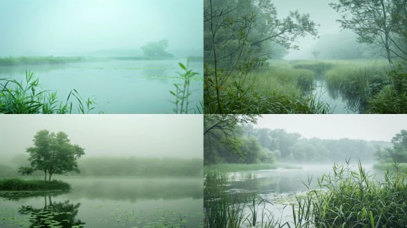 夏日清凉，主色调为淡绿色，湿地公园，雨后，，远处淡淡的雾，远景，柔和光线，真实风景拍摄，唯美意境，高清画质