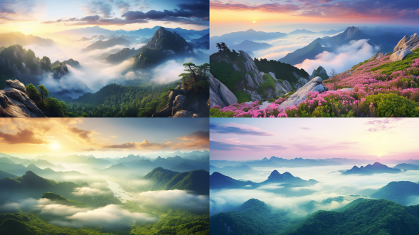 夏日清凉，老君山美景，雨后黄昏，远处淡淡的雾，远景，柔和光线，真实风景拍摄，唯美意境，高清画质