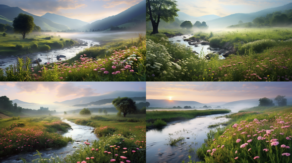 清凉夏日，山谷间，雨后清晨，河流，鲜花草地，绿色的植物，黄色的小花，橙色的小花，粉色的小花，强烈的对比，远处淡淡的雾，自然光线，高清的细节，远景，真实风景拍摄，唯美意境，高清画质