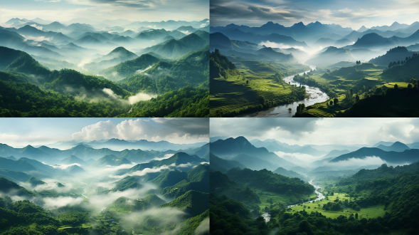 清凉夏日，主题色为淡绿色，连绵山峦，高耸入云，陡峭轮廓，薄雾缭绕，神秘氛围，茂密树木，顽强生长，植被层次，光影交错，远山朦胧，河流隐现，宁静神秘，空间纵深，远景，真实风景拍摄，唯美意境，高清画质