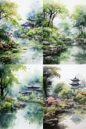 水墨画，清凉夏日，苏州园林，雨后，远处淡淡的雾，远景，唯美意境，高清画质