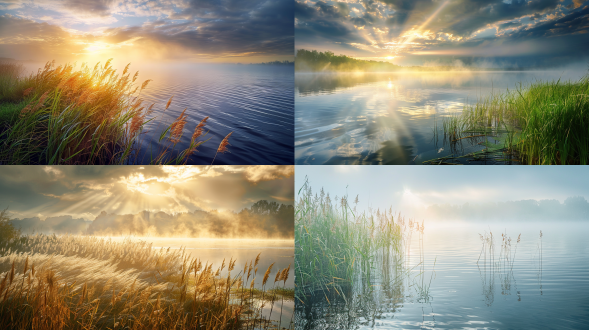 清凉夏日，雨后，芦苇，河边，一缕晨光划破天际，湖面被染上了金边，波光粼粼，远处淡淡的雾，远景，真实风景拍摄，唯美意境，高清画质