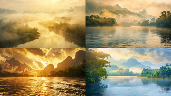 清凉夏日，雨后清晨，桂林山水，河面被染上了金边，波光粼粼，远处淡淡的雾，远景，真实风景拍摄，唯美意境，高清画质