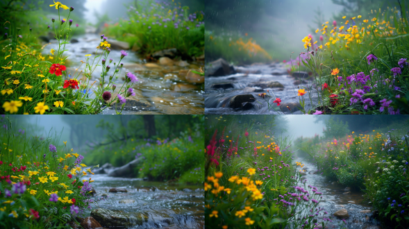清凉夏日，雨后，小溪，黄的小花和红的小花，紫色的小花，远处淡淡的雾，远景，真实风景拍摄，唯美意境，高清画质