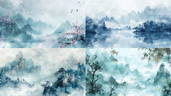 中国传统山水画以淡蓝色为背景，以古代纸张为纹理，具有中国画的风格，有山水画、水彩画、浅灰色和深灰色、深白色、浅绿色、32k、宣纸、中国古代凯美学、宋代，唯美意境，高清画质