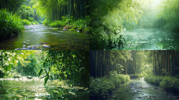 夏日清凉，竹林，小溪，细腻笔触，自然风景，清新色调，植物元素，柔和光线，浅绿色，真实风景拍摄，唯美意境，高清画质