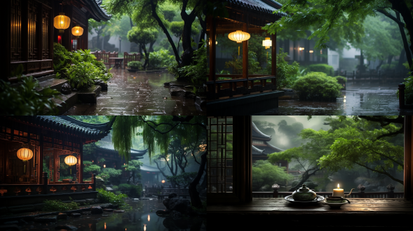 初夏，到了晚上，中式园林建筑风格，古色古香的灯笼，潮湿的空气在潮湿的璐璐地面上，种上一片竹子，一杯茶，一本书，一棵长满柿子的树，看着窗外花开花落，听着雨打竹叶，远处雾，微距镜头，唯美意境，高清画质，