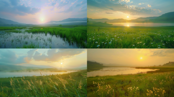 夏日清凉，桑科草原，湖泊，雨后，早上的第一缕阳光，远处雾，真实风景拍摄，唯美意境，高清画质
