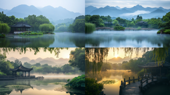 夏日清凉，苏州林园，雨后清晨，远处雾，远处连绵的山峰，若隐若现，真实风景拍摄，唯美意境，高清画质