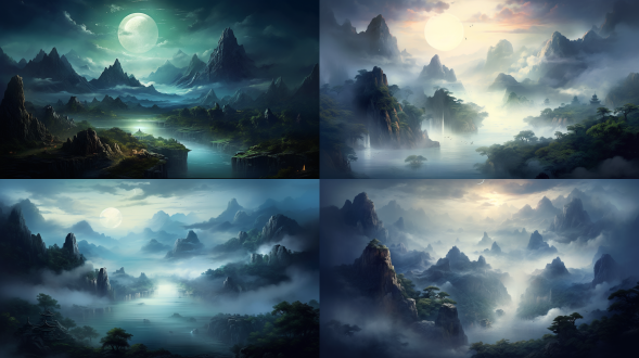 古风山水画，夏日清凉，山水，夜色迷人，远处雾，远处连绵的山峰，若隐若现，唯美意境，高清画质