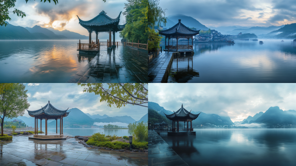 清凉夏日，江南水乡，雨后清晨，只要一个小亭子，不要多，远处是山，近处是河流，超广角，真实风景，唯美意境，高清画质