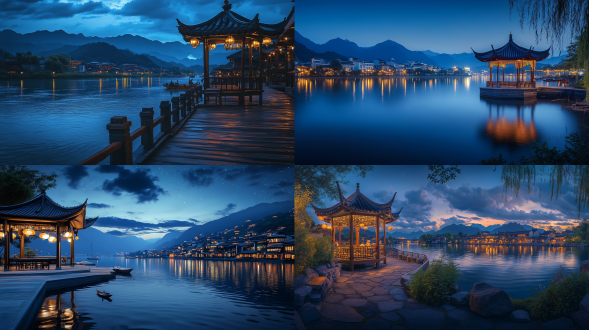 清凉夏日，江南水乡，夜色迷人，只要一个小亭子，不要多，远处是山，近处是河流，超广角，真实风景，唯美意境，高清画质
